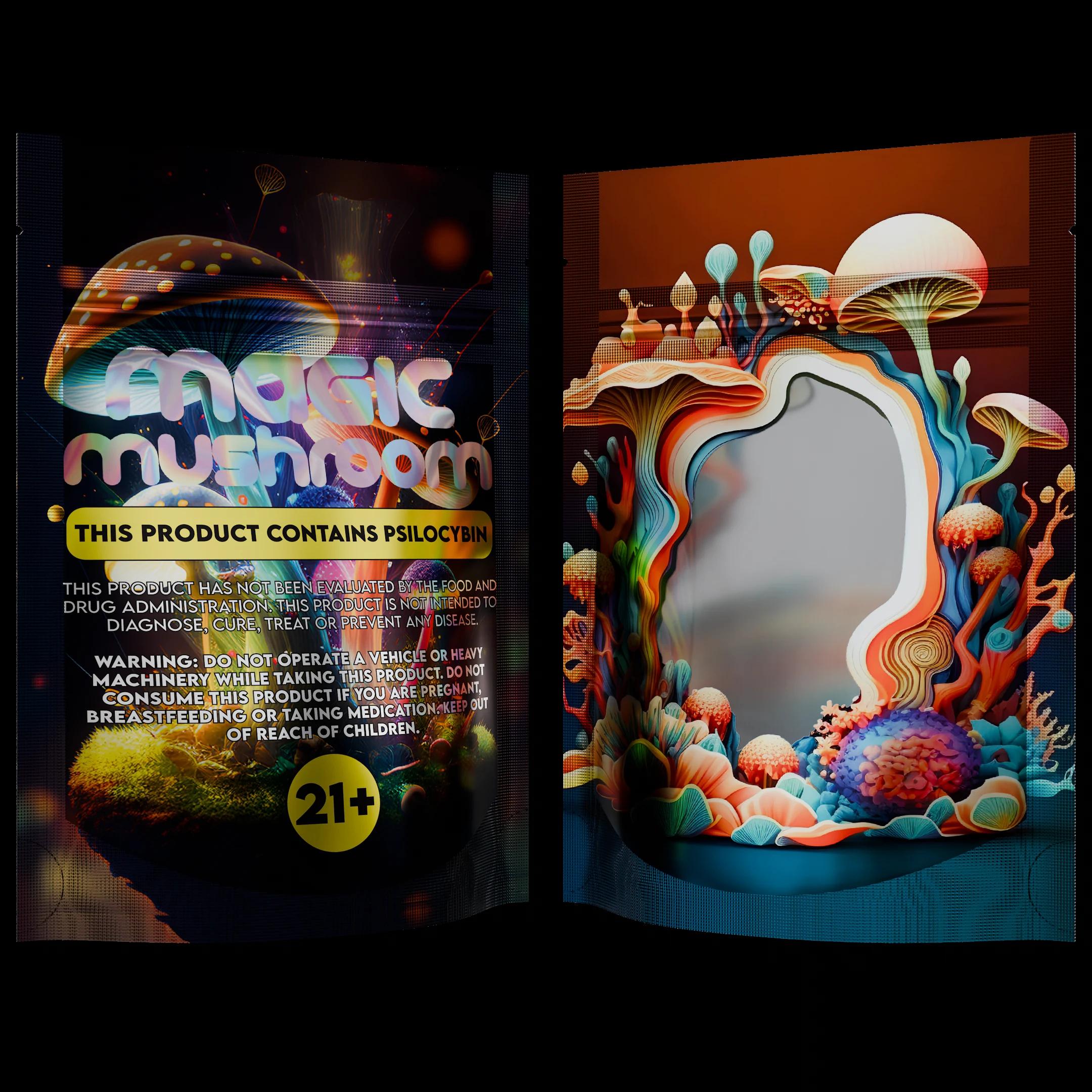 1/8 oz Holographic Black Mushroom, designer printed mylar bag
